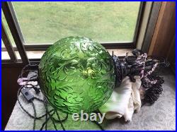 WICKED Inspired Vintage MCM Green Glass Swag Scroll Pattern Lamp Pink Crystals