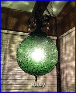 WICKED Inspired Vintage MCM Green Glass Swag Scroll Pattern Lamp Pink Crystals