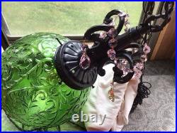 WICKED Inspired Vintage MCM Green Glass Swag Scroll Pattern Lamp Pink Crystals