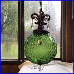 WICKED Inspired Vintage MCM Green Glass Swag Scroll Pattern Lamp Pink Crystals