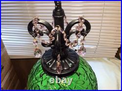 WICKED Inspired Vintage MCM Green Glass Swag Scroll Pattern Lamp Pink Crystals
