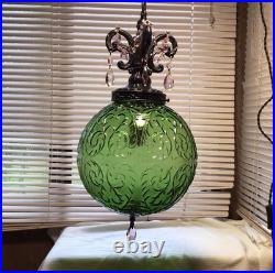 WICKED Inspired Vintage MCM Green Glass Swag Scroll Pattern Lamp Pink Crystals