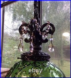WICKED Inspired Vintage MCM Green Glass Swag Scroll Pattern Lamp Pink Crystals