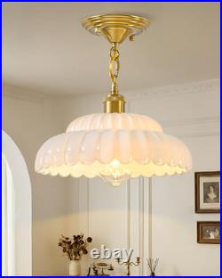 White Glass Pendant Light, Modern Vintage Brass Hanging Light, Fluted Shade Pend
