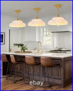 White Glass Pendant Light, Modern Vintage Brass Hanging Light, Fluted Shade Pend