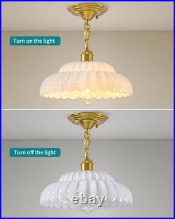 White Glass Pendant Light, Modern Vintage Brass Hanging Light, Fluted Shade Pend