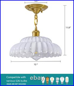 White Glass Pendant Light, Modern Vintage Brass Hanging Light, Fluted Shade Pend