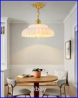 White Glass Pendant Light, Modern Vintage Brass Hanging Light, Fluted Shade Pend