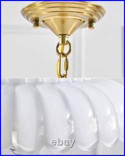 White Glass Pendant Light, Modern Vintage Brass Hanging Light, Fluted Shade Pend