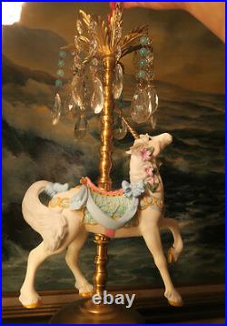 White porcelain Carousel Unicorn Carousel Lamp SWAG Chandelier Vintage Horse Bow