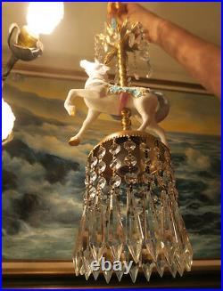 White porcelain Carousel Unicorn Carousel Lamp SWAG Chandelier Vintage Horse Bow