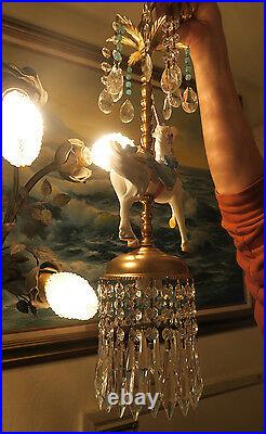 White porcelain Carousel Unicorn bow ribbon Lamp SWAG Chandelier Vintage Horse