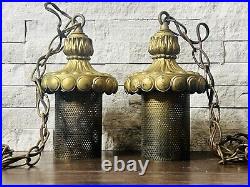 Working Pair Of Mid Century Modern Brass Lantern Swag Light Pendants Chorded