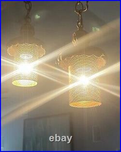 Working Pair Of Mid Century Modern Brass Lantern Swag Light Pendants Chorded