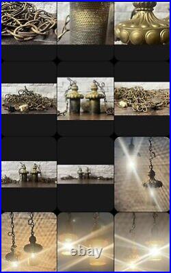 Working Pair Of Mid Century Modern Brass Lantern Swag Light Pendants Chorded