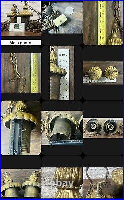 Working Pair Of Mid Century Modern Brass Lantern Swag Light Pendants Chorded