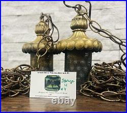 Working Pair Of Mid Century Modern Brass Lantern Swag Light Pendants Chorded