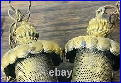 Working Pair Of Mid Century Modern Brass Lantern Swag Light Pendants Chorded