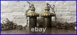 Working Pair Of Mid Century Modern Brass Lantern Swag Light Pendants Chorded