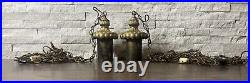 Working Pair Of Mid Century Modern Brass Lantern Swag Light Pendants Chorded
