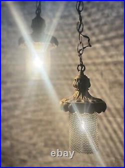 Working Pair Of Mid Century Modern Brass Lantern Swag Light Pendants Chorded