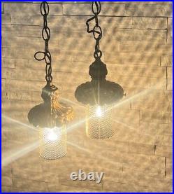Working Pair Of Mid Century Modern Brass Lantern Swag Light Pendants Chorded