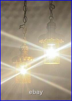 Working Pair Of Mid Century Modern Brass Lantern Swag Light Pendants Chorded